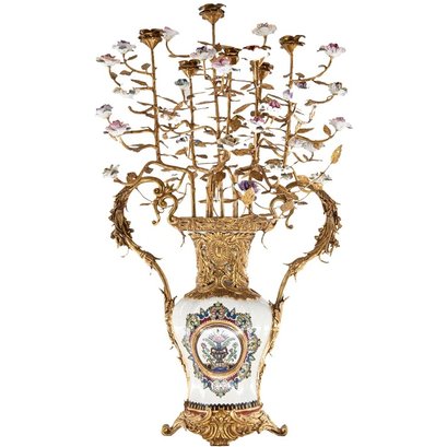 Floral Elegance: Hand-Painted Bronze And Porcelain Candle Holder