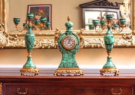Classic Green Porcelain Garniture Set Of Clock And Candlestick Holder