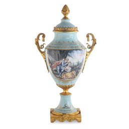 Opulent Charm: Hand-Painted Teal Vase With Intricate Bronze Handles
