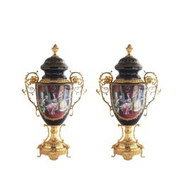 Regal Flourish: Set Of Porcelain Covered Jars With Intricate Bronze Branch Handles