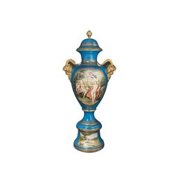 Elysian Dream: Teal Porcelain Vase With Pan's Bronze Embrace - A 20th Century Marvel