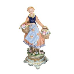 Captivating Florals: Late 20th Century Porcelain Figurine - Girl Picking Flowers (Repaired)
