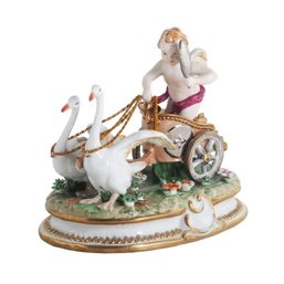 Cherub-Crowned Goose Carriage: Porcelain Whimsy And Elegance
