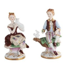 Delicate Duo: Hand-Painted Rococo Style Porcelain Figurines Of Young Girl & Boy