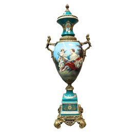 Regal Light Blue Porcelain Urns With Cherub & Mythological Motif