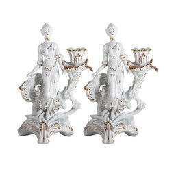 Pair Of White Hand-painted Porcelain Candlestick Holders