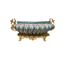 Decorative Regal Bowl In Teal & White Swirl With Bronze Handle