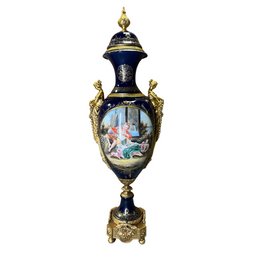 Cobalt Blue Baroque Elegance Porcelain Jar With Bronze Geese Handles