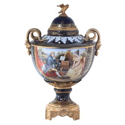 Artistic Brilliance: Hand-Painted Dark Blue Porcelain Jar With Bronze Snake Handles And Eagle Accent In Rococo