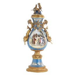 Porcelain Poise: Hand-Painted Teal Urn With Rococo Resonance