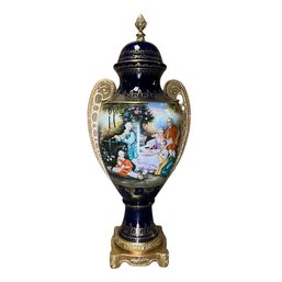 Timeless Love: A Dark Blue Rococo Urn With Intricate Courtship Scenes