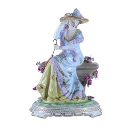 Classical Rococo Style Porcelain Lady Figurine In Blue And Yellow Dress