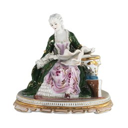 Literary Elegance: Net Lace Porcelain Lady In Reading Repose