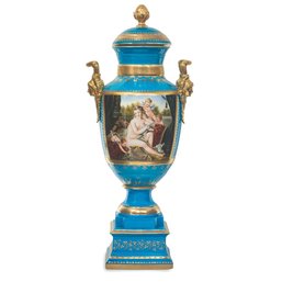 Hand-painted Caribbean Blue French Style Porcelain Urn With Baroque Floral Motif