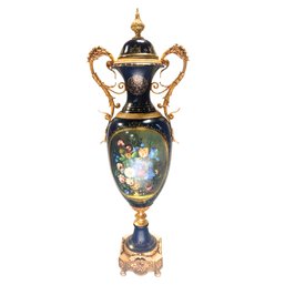 Rococo Grandeur: Dark Blue Porcelain Vase With Bronze Floral Handles