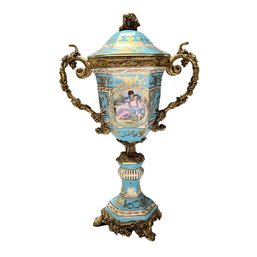 Teal Urn With Rococo Motifs And Bronze Handle