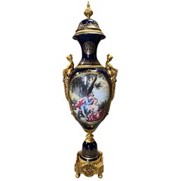 Ethereal Elegance: Louis XV Style Hand-painted Porcelain And Bronze Cherub Handle Vase