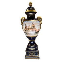 Sapphire Elegance: Hand-Painted Porcelain Vase With Exotic Motif