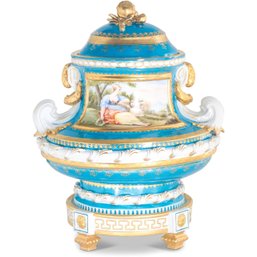 Vibrant Teal Porcelain Jar With Classical Hand-Painted Motifs