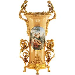 Beige Masterpiece: Porcelain Vase With Mythological Rococo Scenes On Bronze Base