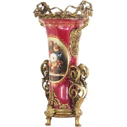 Red Tall Hand-painted Vase With Bronze Vines