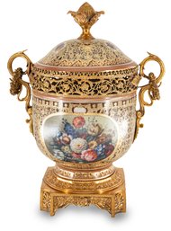 Golden Elegance: Hand-Painted Potpourri Jar With Ornate Bronze Details