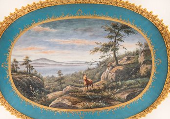 Elegant Stag And Nature Scene: Highly Ornate Porcelain Serving Tray With Bronze Elements