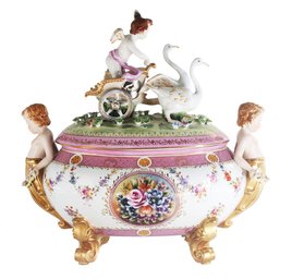Exceptional Covered Porcelain Cherub Jar With Angel And Geese