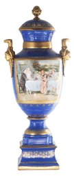 Striking Royal Blue Porcelain Vase Hand-painted With Detailed Bronze Handles: A Rococo Masterpiece