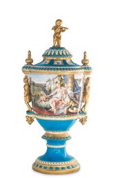 Teal Porcelain Lady Handle Mythological Urn With Hand-painted Scenes