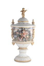 Hand-painted Porcelain Urn With Lady Handles: Vivid Rococo Imagery In Shades Of Green, Pink, Yellow, And Blue