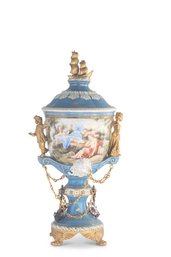 Nautical Elegance: Hand-Painted Porcelain Vase With Ornate Handles
