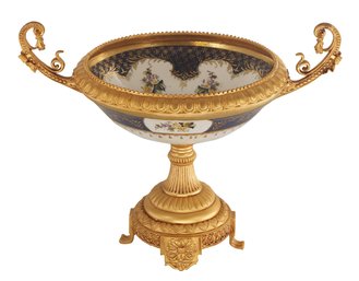 Bronze And Porcelain Harmony: Intricate Hand-Painted Serving Bowl