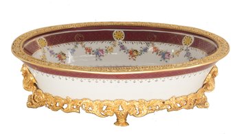 Luxurious Hand-Painted Rococo Porcelain And Bronze Serving Dish With Gold Accents