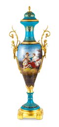 Unique Teal Porcelain And Bronze Jar With Cherub Details