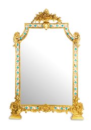 Louis XV Style Bronze & Porcelain Mirror With Floral Crown And Delicate Blue Porcelain Accents