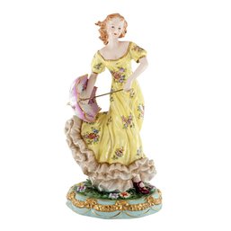Porcelain Dancing Lady With Umbrella And Yellow Dress In Detail