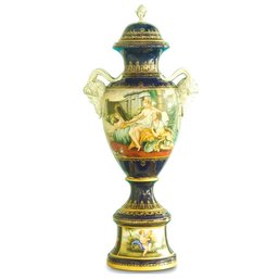 Elegant Hand-Painted Vase With Teal Base & Rococo Motifs