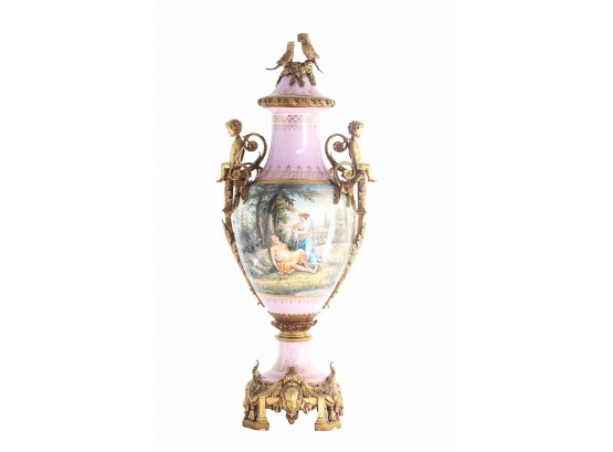 Bronze Parrot And Cherub Pink Vase