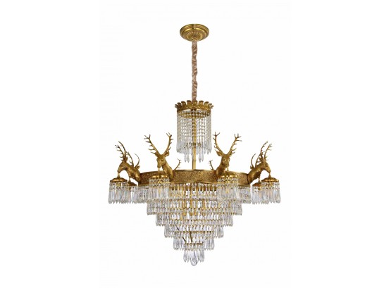 Brass And Crystal Stag Chandelier