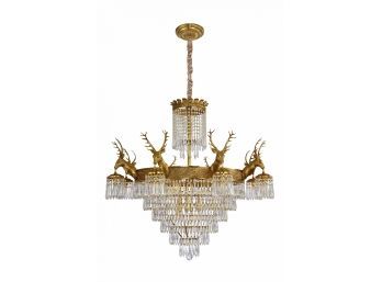 Brass And Crystal Stag Chandelier With