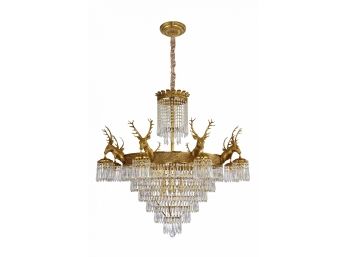 Brass And Crystal Stag Chandelier With Cascading Crystal Prisms