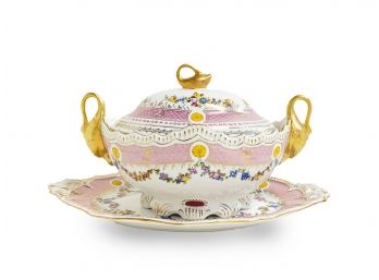 Classic Pink Floral Tureen Set With Swan Handles