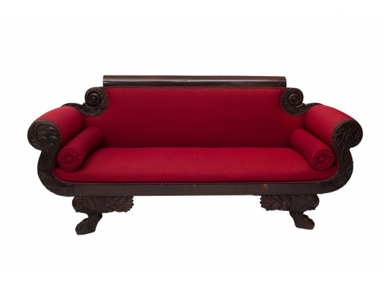 Powerful And Elegant Hand Carved American Empire Clawfoot Sofa Circa 1860s