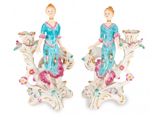 Pair Of Hand Painted Porcelain Candle Holders