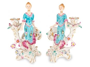 Pair Of Hand Painted Porcelain Candle Holders