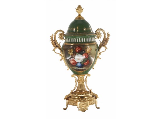 Vine Handle Floral Porcelain And Bronze Vase