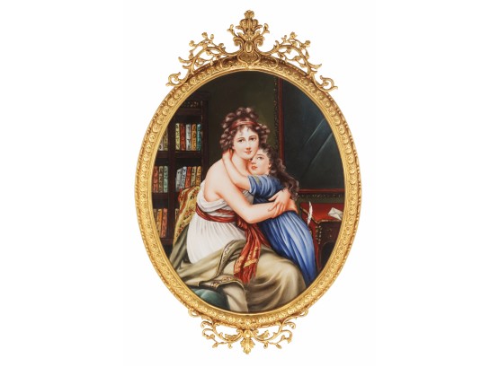 Mother And Daughter Porcelain Painting In Bronze Frame
