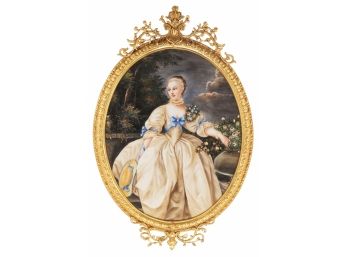 Lady In White Porcelain Painting In Bronze Frame