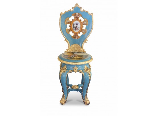Stunning Hand Painted Blue Porcelain And Bronze Chair